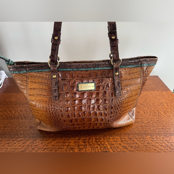 Brahmin Handbags - Brahmin Brown Melbourne Croc-Embossed Leather Tote with Teal Accent